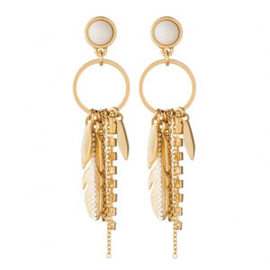Spartina Feather Fringe Gold Tone Gemstone Crystal Drop Dangle Earrings